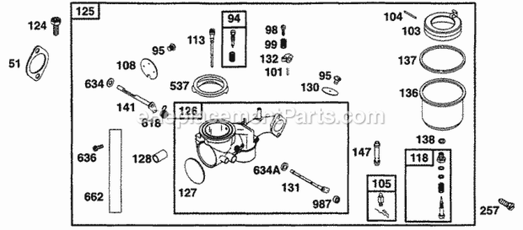 Carburetor Assy Diagram and Parts List for  Briggs and Stratton Engine